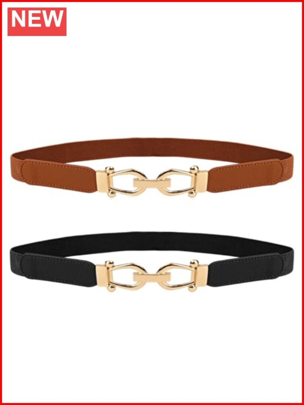 2-Pack Women Stretchy Waist Belt Elastic Leather Gold Buckle 27-33"